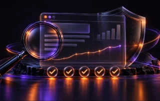 SEO-проверка сайта: лупа, защищённая страница и пять отметок проверки